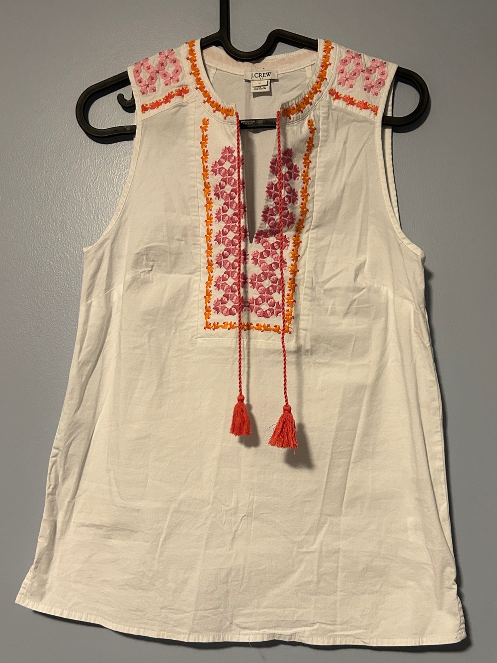 J. Crew White Sleeveless Embroidered Tank with Pink and Orange Accents